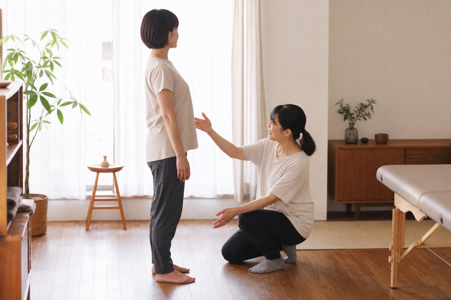スタッフと身体の状態を確認する様子